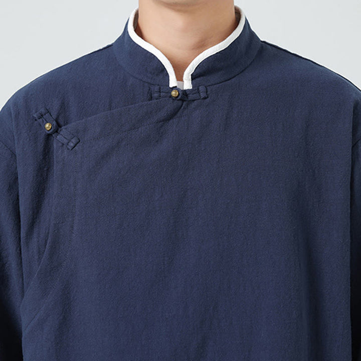 Buddha Stonesヴィンテージ 春カラーマッチングカラー 斜め前立てデザイン メンズ 半袖 コットンリネンシャツ - image 10