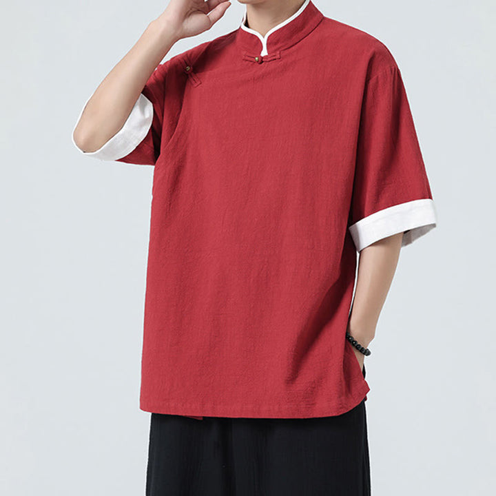 Buddha Stonesヴィンテージ 春カラーマッチングカラー 斜め前立てデザイン メンズ 半袖 コットンリネンシャツ - image 25