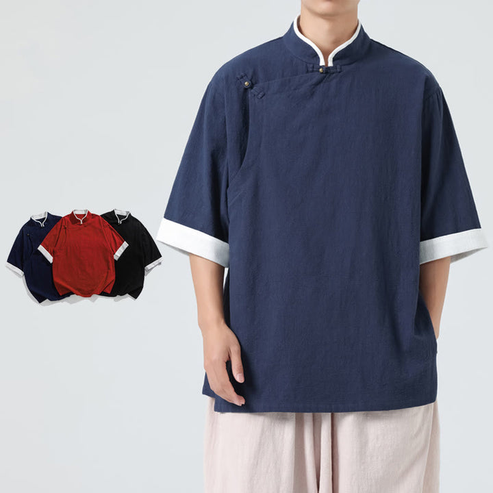 Buddha Stonesヴィンテージ 春カラーマッチングカラー 斜め前立てデザイン メンズ 半袖 コットンリネンシャツ - image 8