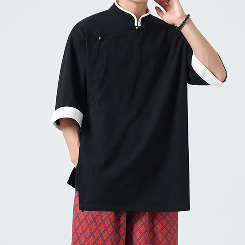 Buddha Stonesヴィンテージ 春カラーマッチングカラー 斜め前立てデザイン メンズ 半袖 コットンリネンシャツ - image 21