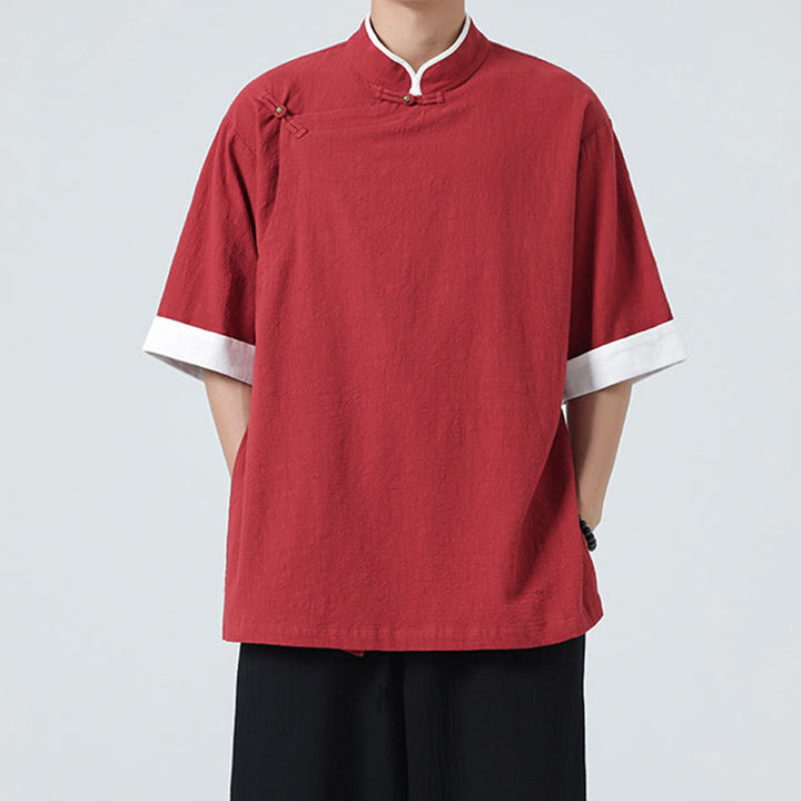 Buddha Stonesヴィンテージ 春カラーマッチングカラー 斜め前立てデザイン メンズ 半袖 コットンリネンシャツ - image 27