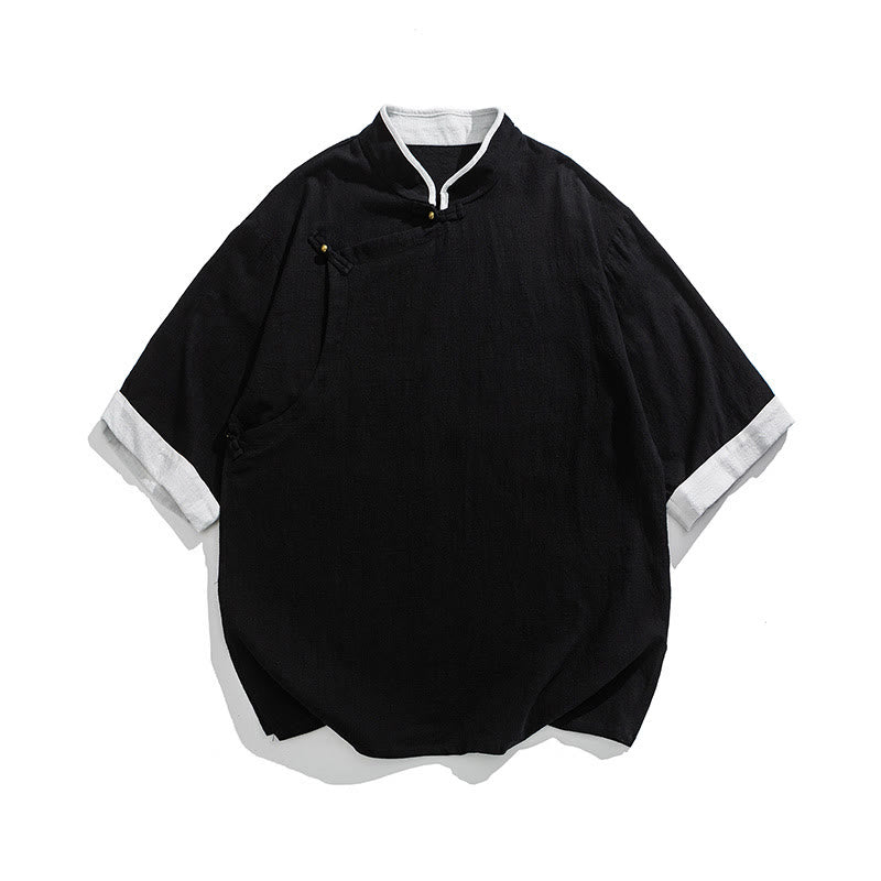 Buddha Stonesヴィンテージ 春カラーマッチングカラー 斜め前立てデザイン メンズ 半袖 コットンリネンシャツ - image 23