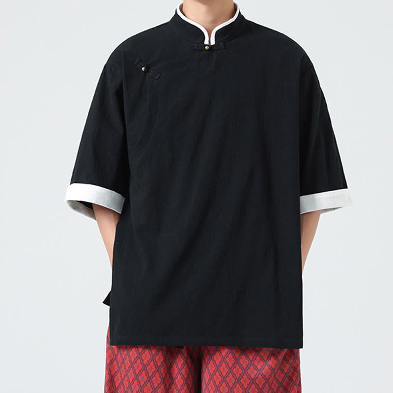 Buddha Stonesヴィンテージ 春カラーマッチングカラー 斜め前立てデザイン メンズ 半袖 コットンリネンシャツ - image 16