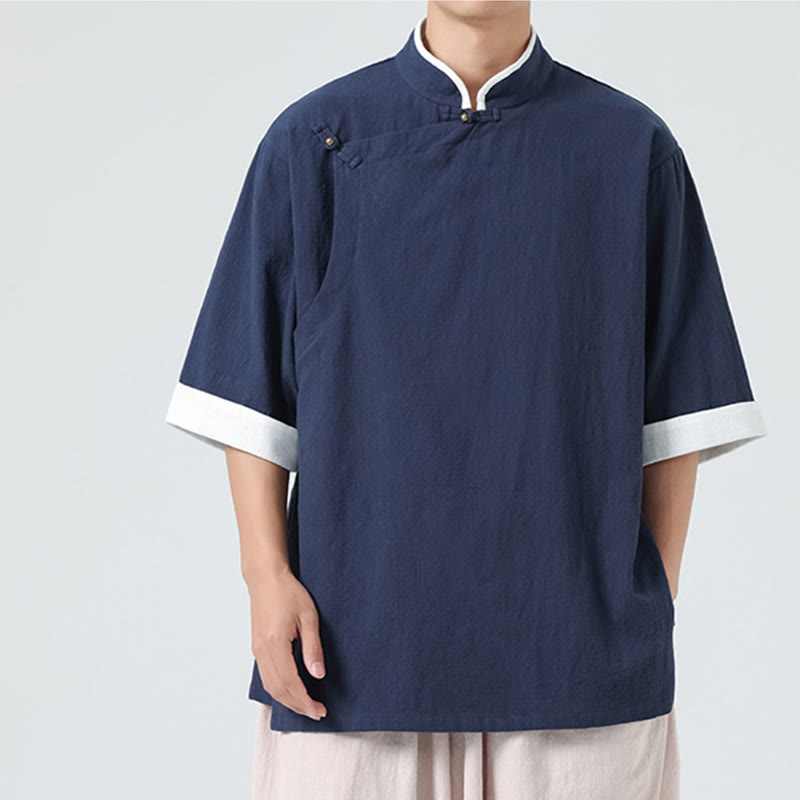 Buddha Stonesヴィンテージ 春カラーマッチングカラー 斜め前立てデザイン メンズ 半袖 コットンリネンシャツ - image 6