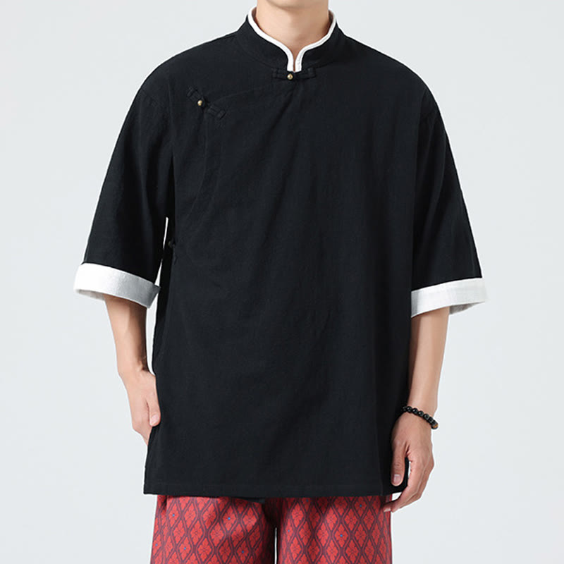 Buddha Stonesヴィンテージ 春カラーマッチングカラー 斜め前立てデザイン メンズ 半袖 コットンリネンシャツ - image 17