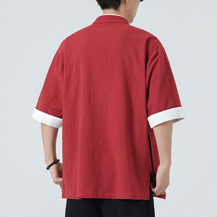 Buddha Stonesヴィンテージ 春カラーマッチングカラー 斜め前立てデザイン メンズ 半袖 コットンリネンシャツ - image 32