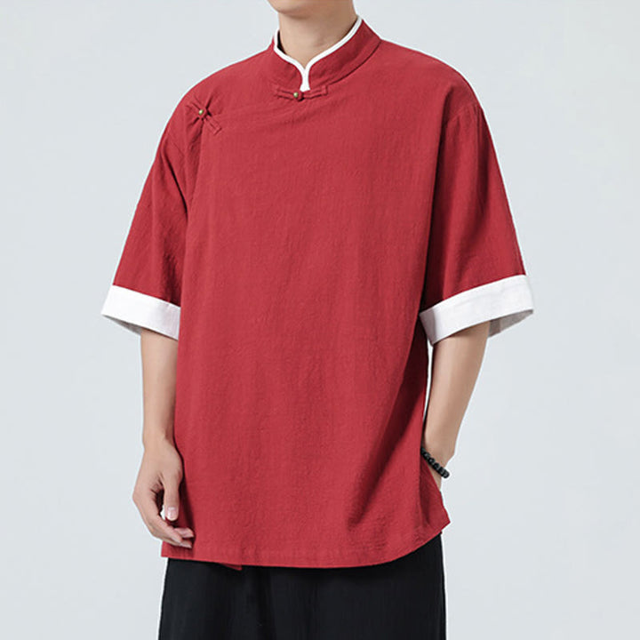 Buddha Stonesヴィンテージ 春カラーマッチングカラー 斜め前立てデザイン メンズ 半袖 コットンリネンシャツ - image 31