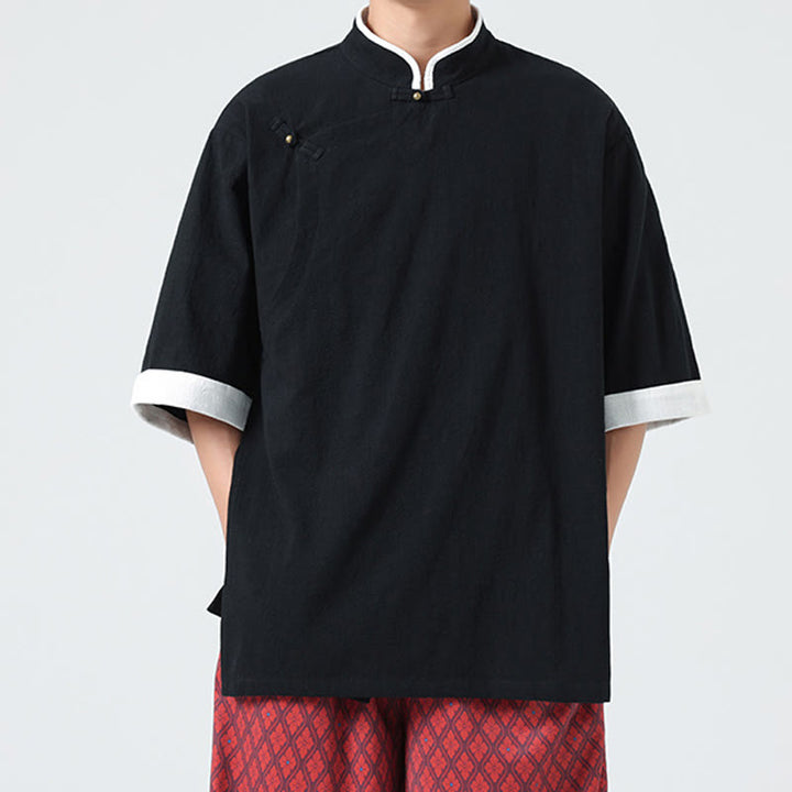 Buddha Stonesヴィンテージ 春カラーマッチングカラー 斜め前立てデザイン メンズ 半袖 コットンリネンシャツ - image 16