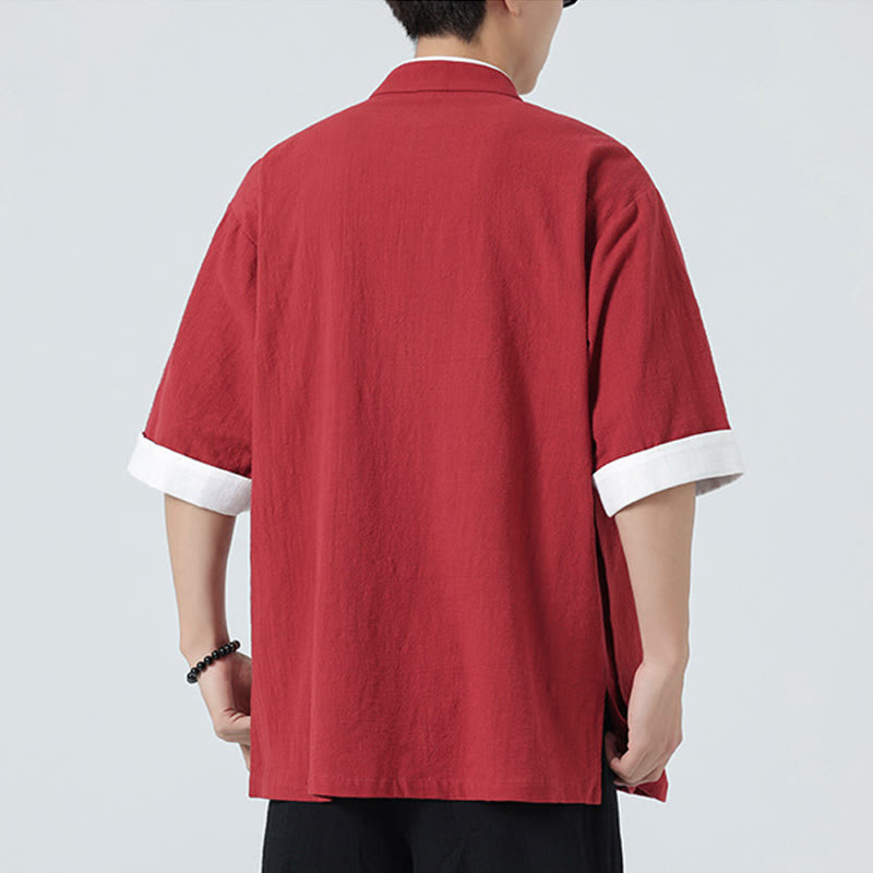 Buddha Stonesヴィンテージ 春カラーマッチングカラー 斜め前立てデザイン メンズ 半袖 コットンリネンシャツ - image 32