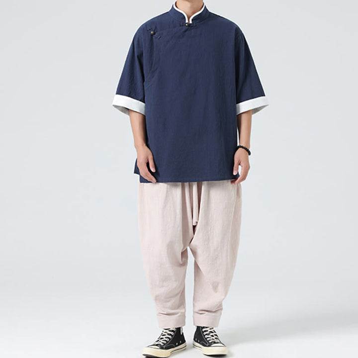 Buddha Stonesヴィンテージ 春カラーマッチングカラー 斜め前立てデザイン メンズ 半袖 コットンリネンシャツ - image 9