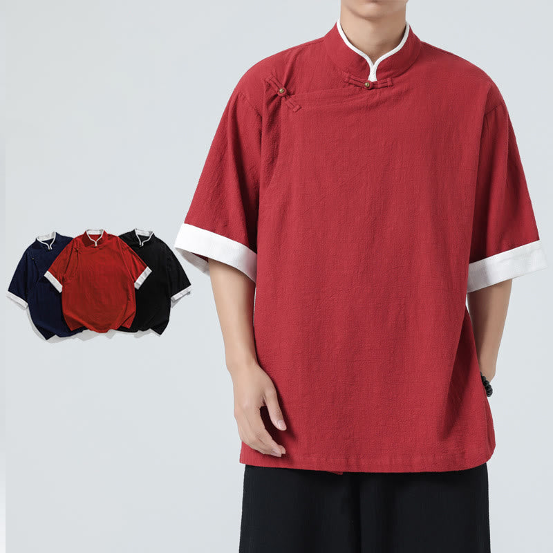 Buddha Stonesヴィンテージ 春カラーマッチングカラー 斜め前立てデザイン メンズ 半袖 コットンリネンシャツ - クリムゾン - US/UK/AU46、 EU56 (5XL) - image 24