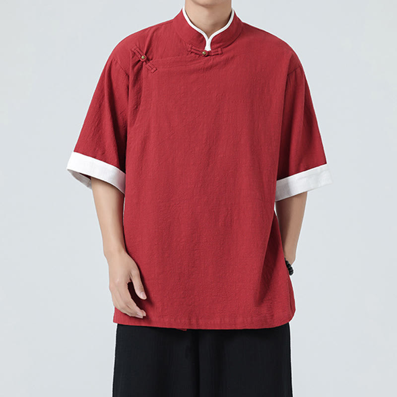 Buddha Stonesヴィンテージ 春カラーマッチングカラー 斜め前立てデザイン メンズ 半袖 コットンリネンシャツ - image 28