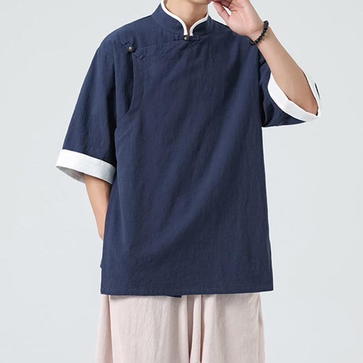 Buddha Stonesヴィンテージ 春カラーマッチングカラー 斜め前立てデザイン メンズ 半袖 コットンリネンシャツ - image 3