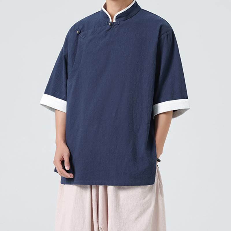 Buddha Stonesヴィンテージ 春カラーマッチングカラー 斜め前立てデザイン メンズ 半袖 コットンリネンシャツ - image 1