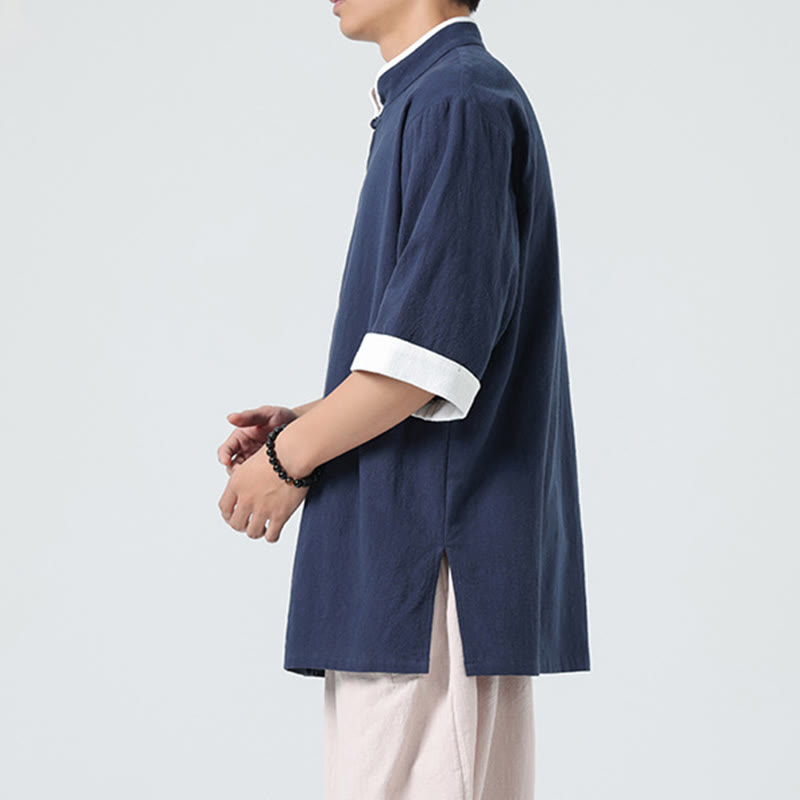 Buddha Stonesヴィンテージ 春カラーマッチングカラー 斜め前立てデザイン メンズ 半袖 コットンリネンシャツ - image 5