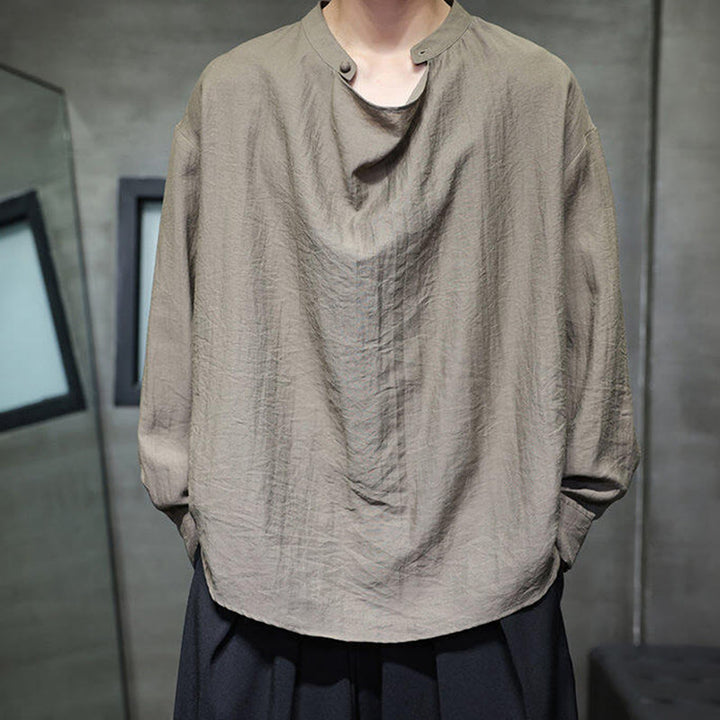 Buddha Stones春 無地 プリーツ スタンドカラー デザイン タンスーツ メンズ 長袖 リネン シャツ - ダークカーキ - US/UK/AU46、 EU56 (5XL) - image 0