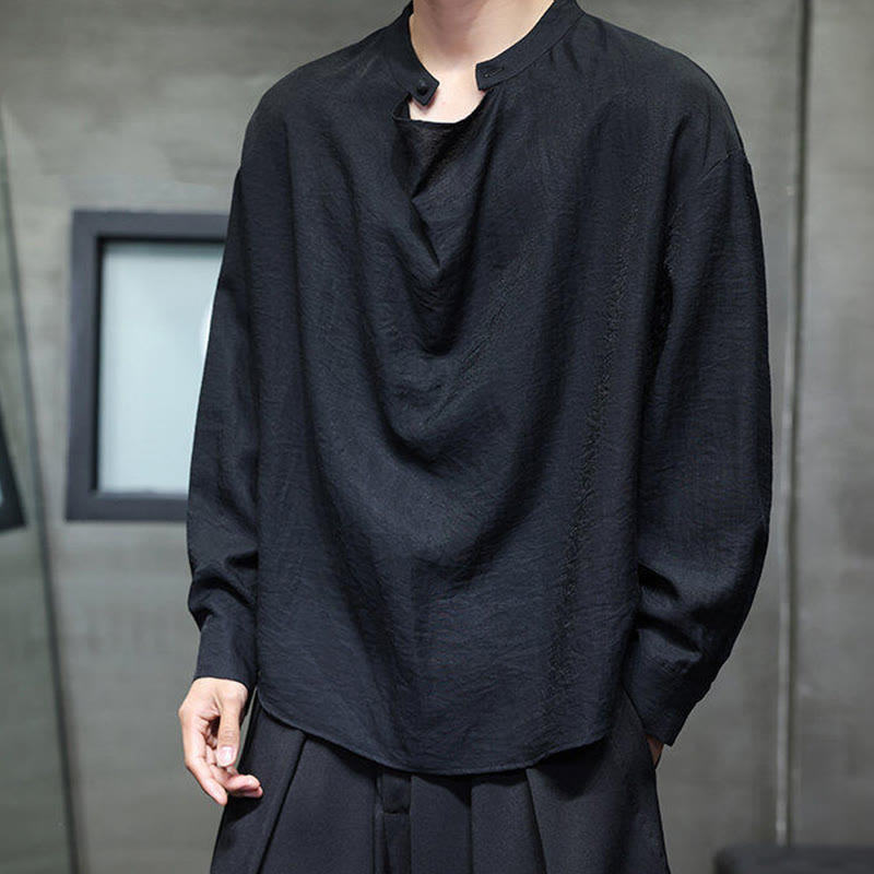 Buddha Stones春 無地 プリーツ スタンドカラー デザイン タンスーツ メンズ 長袖 リネン シャツ - 黒 - US/UK/AU46、 EU56 (5XL) - image 8