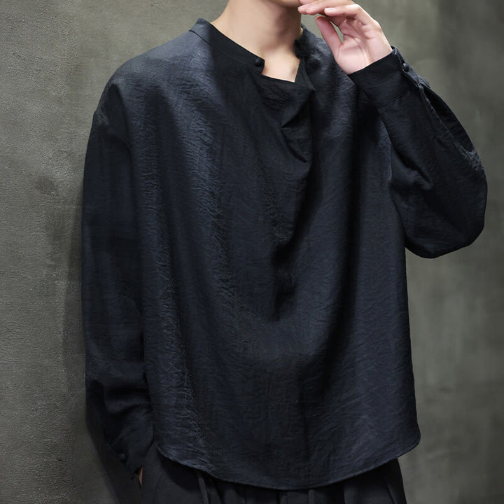 Buddha Stones春 無地 プリーツ スタンドカラー デザイン タンスーツ メンズ 長袖 リネン シャツ - image 13