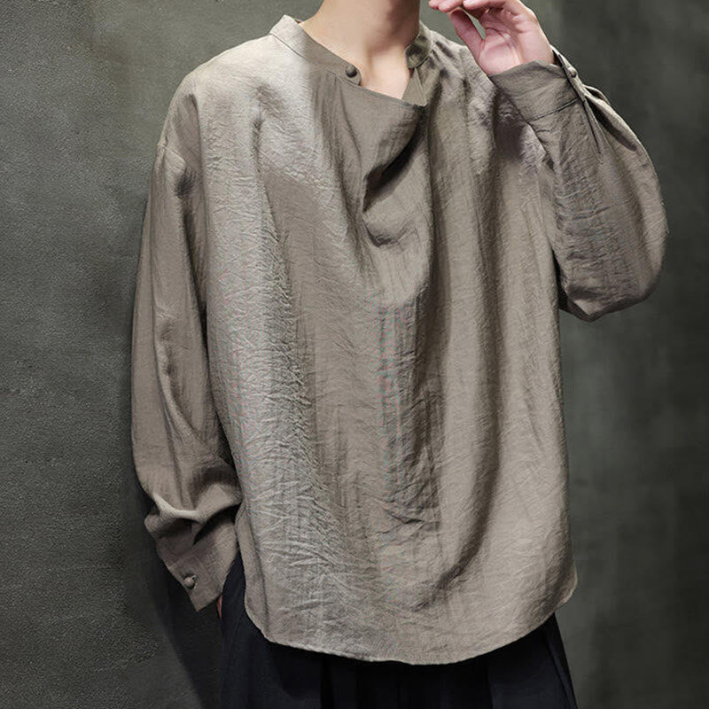 Buddha Stones春 無地 プリーツ スタンドカラー デザイン タンスーツ メンズ 長袖 リネン シャツ - image 6