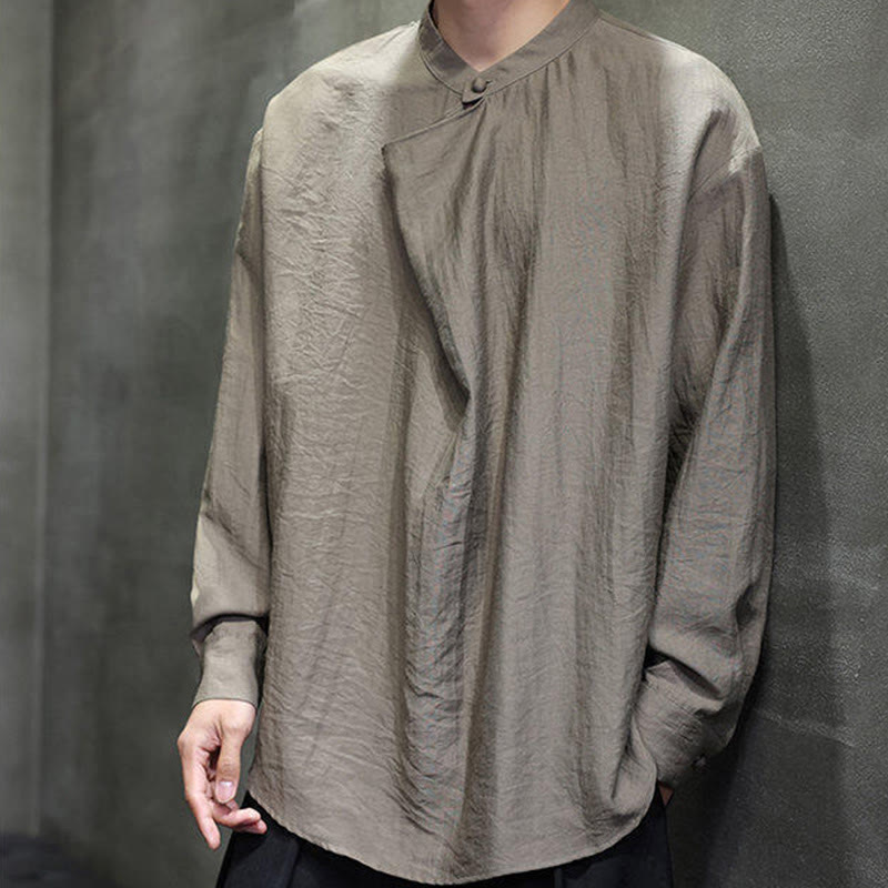 Buddha Stones春 無地 プリーツ スタンドカラー デザイン タンスーツ メンズ 長袖 リネン シャツ - image 2