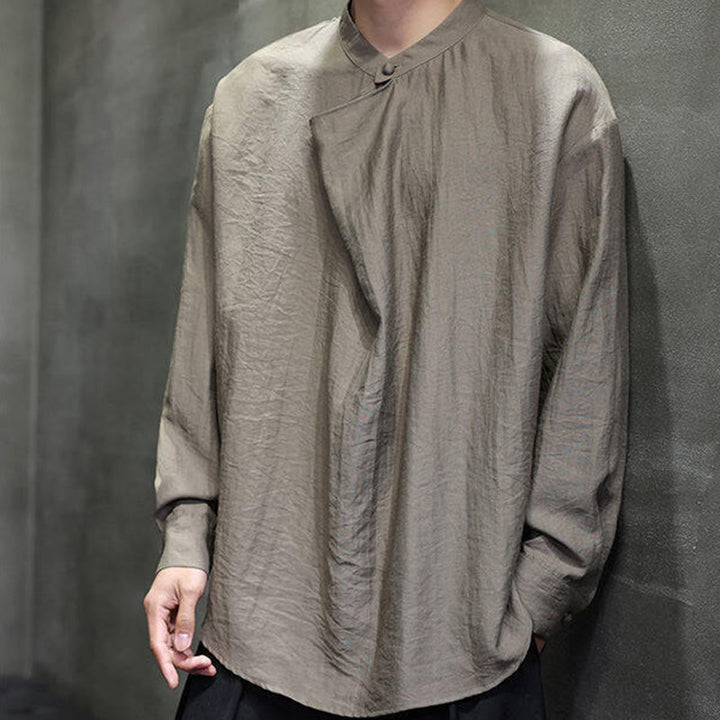 Buddha Stones春 無地 プリーツ スタンドカラー デザイン タンスーツ メンズ 長袖 リネン シャツ - image 2