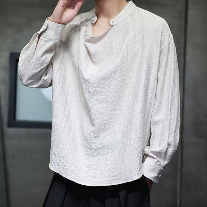 Buddha Stones春 無地 プリーツ スタンドカラー デザイン タンスーツ メンズ 長袖 リネン シャツ - image 20