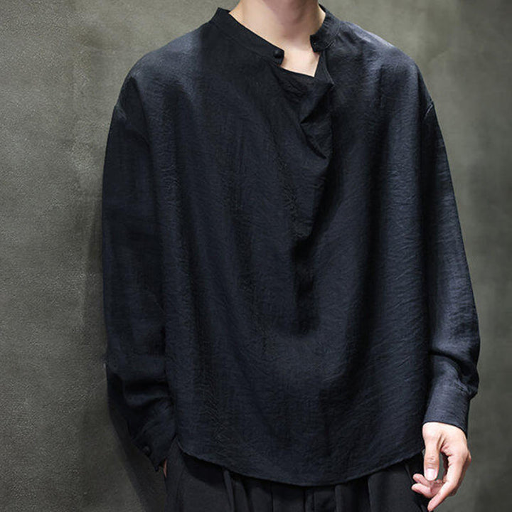 Buddha Stones春 無地 プリーツ スタンドカラー デザイン タンスーツ メンズ 長袖 リネン シャツ - image 12