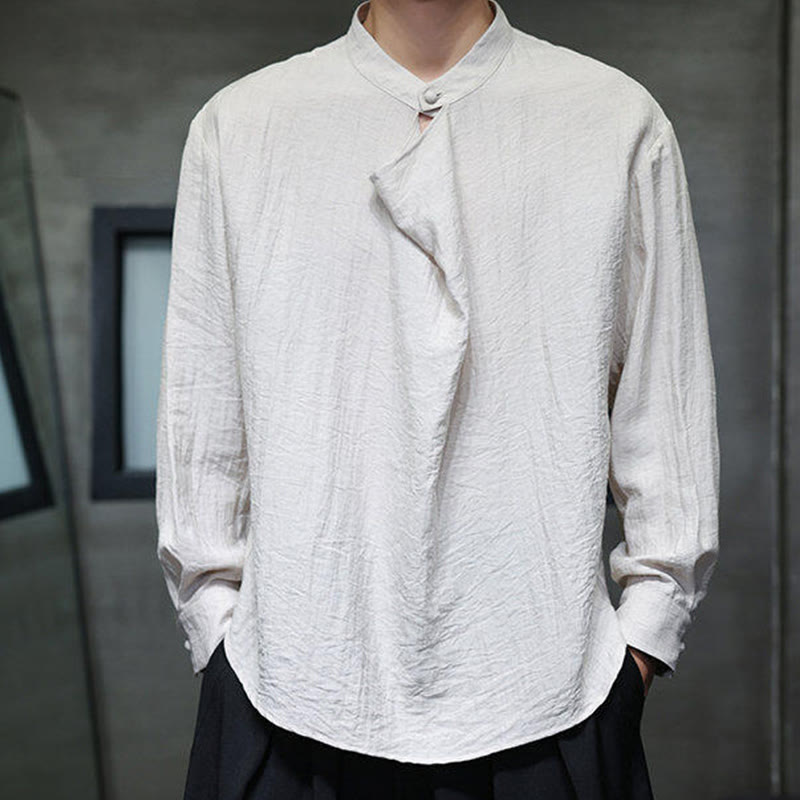 Buddha Stones春 無地 プリーツ スタンドカラー デザイン タンスーツ メンズ 長袖 リネン シャツ - image 19