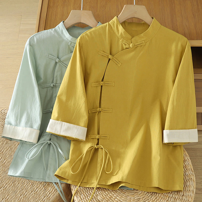 Buddha Stonesカジュアル ヴィンテージ 中国風 カエルボタン レースアップ パッチワークデザイン レディース コットンシャツ - image 16