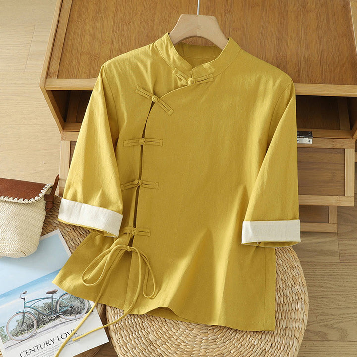 Buddha Stonesカジュアル ヴィンテージ 中国風 カエルボタン レースアップ パッチワークデザイン レディース コットンシャツ - 金 - US8-10，UK/AU12-14，EU40-42 (2XL) - image 5