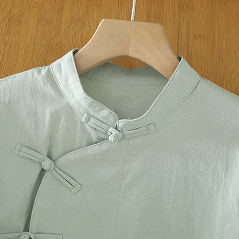 Buddha Stonesカジュアル ヴィンテージ 中国風 カエルボタン レースアップ パッチワークデザイン レディース コットンシャツ - image 1