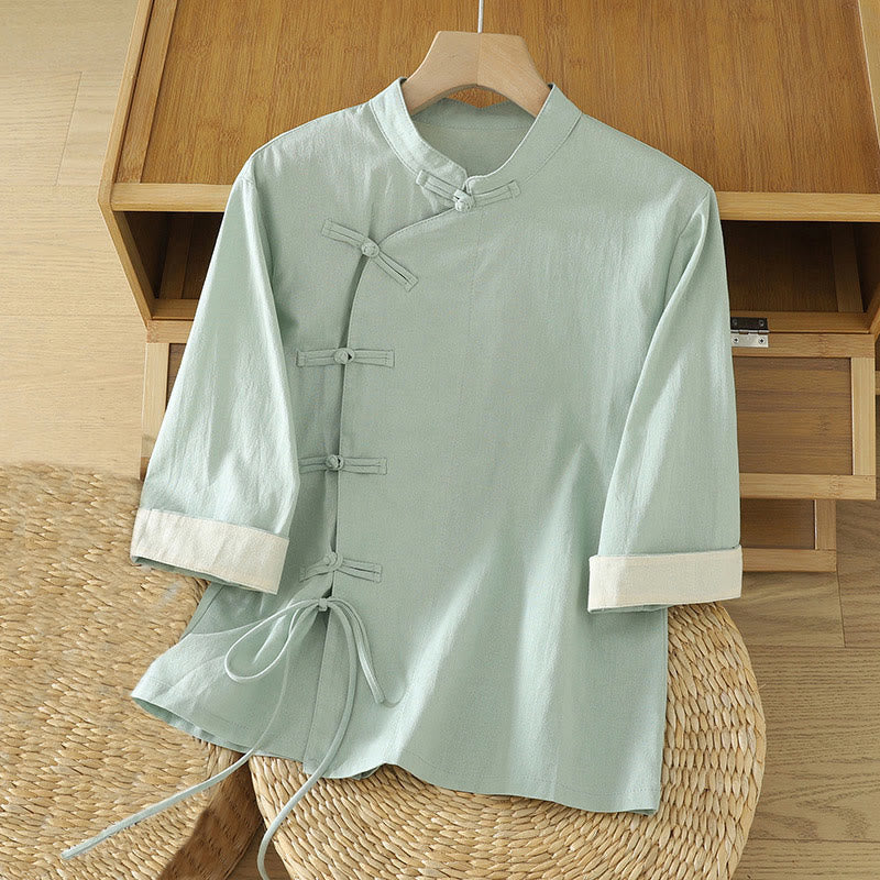 Buddha Stonesカジュアル ヴィンテージ 中国風 カエルボタン レースアップ パッチワークデザイン レディース コットンシャツ - アクアマリン - US8-10，UK/AU12-14，EU40-42 (2XL) - image 0