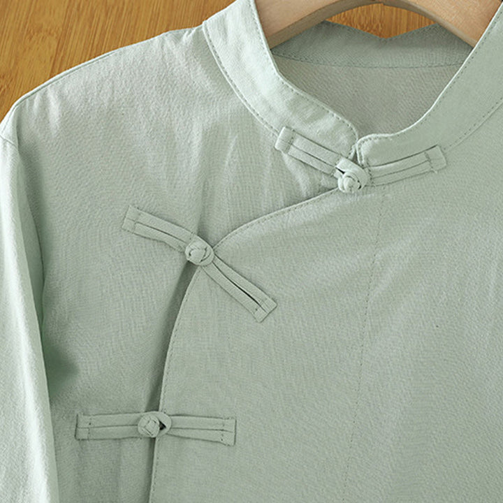 Buddha Stonesカジュアル ヴィンテージ 中国風 カエルボタン レースアップ パッチワークデザイン レディース コットンシャツ - image 2