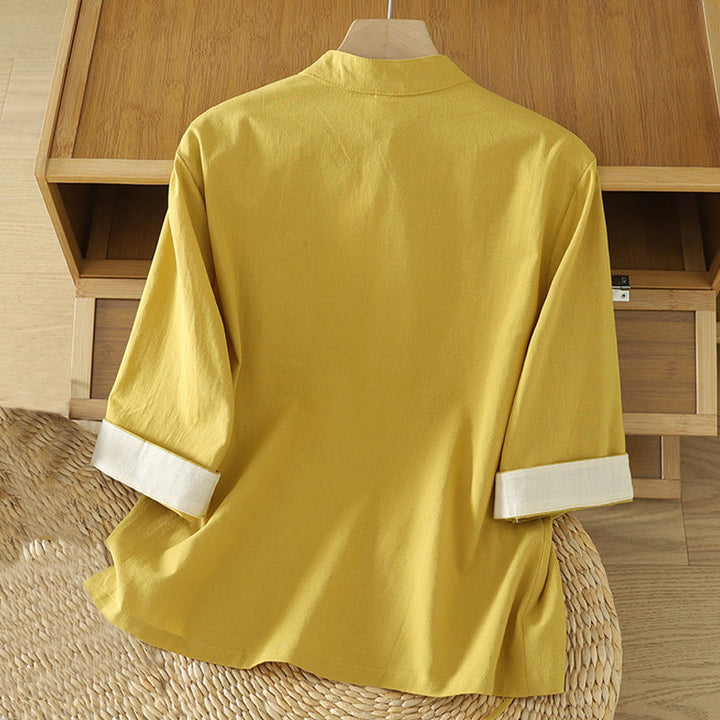 Buddha Stonesカジュアル ヴィンテージ 中国風 カエルボタン レースアップ パッチワークデザイン レディース コットンシャツ - image 6