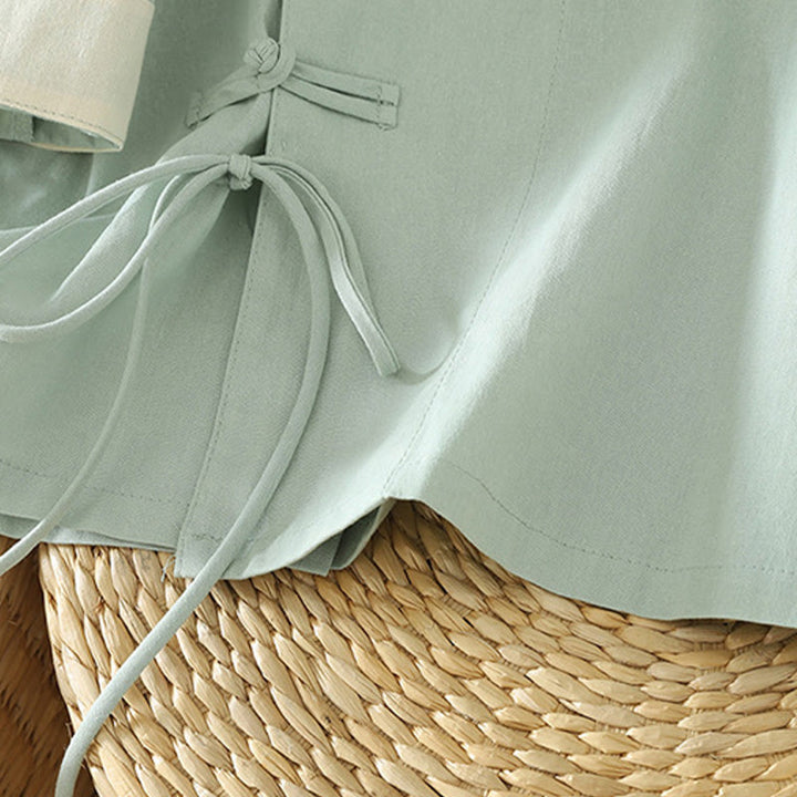 Buddha Stonesカジュアル ヴィンテージ 中国風 カエルボタン レースアップ パッチワークデザイン レディース コットンシャツ - image 4