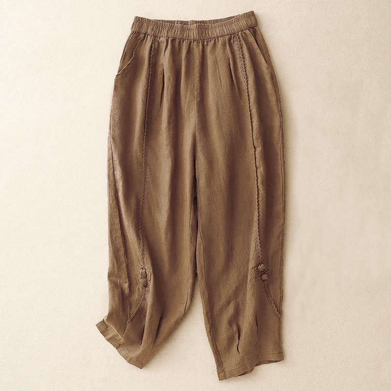 Buddha Stones夏用 カエルボタン レース ハイウエスト レディース コットンリネン パンツ ポケット付き - シエナ - US8-10，UK/AU12-14，EU40-42 (2XL) - image 13