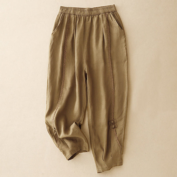 Buddha Stones夏用 カエルボタン レース ハイウエスト レディース コットンリネン パンツ ポケット付き - ゴールデンロッド - US8-10，UK/AU12-14，EU40-42 (2XL) - image 12