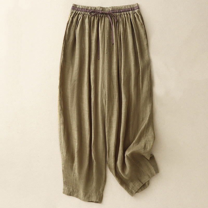 Buddha Stonesヴィンテージ サマー カジュアル カラーマッチング ドローストリング レディース コットンリネン ハーレムパンツ ポケット付き - オリーブ - US8-10，UK/AU12-14，EU40-42 (2XL) - image 8