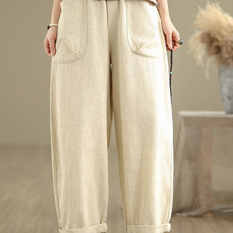 Buddha Stonesカジュアル デイリー 無地 シンプルデザイン レディース コットンリネン ハーレムパンツ ポケット付き - image 3