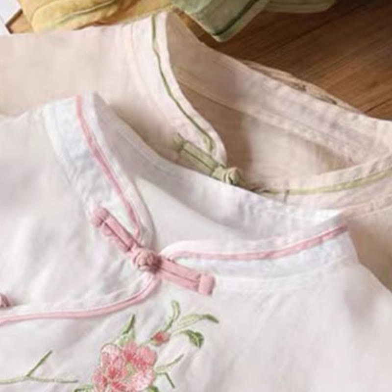 Buddha Stonesカジュアルヴィンテージ刺繍花柄中国風フロッグボタンクルーネックデザインレディースコットンリネンシャツ - image 11