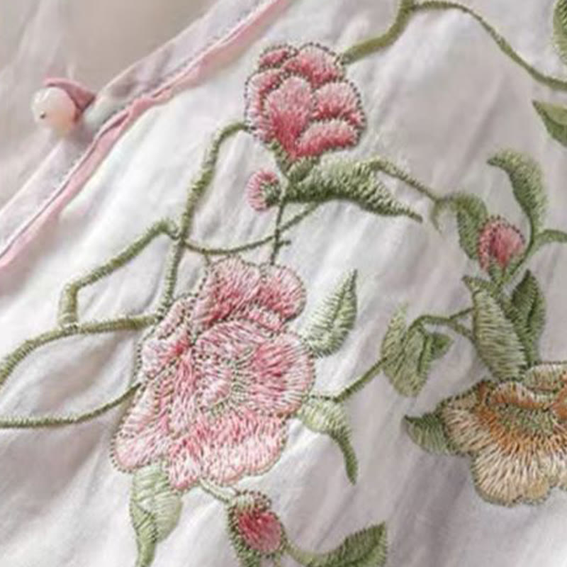 Buddha Stonesカジュアルヴィンテージ刺繍花柄中国風フロッグボタンクルーネックデザインレディースコットンリネンシャツ - image 3