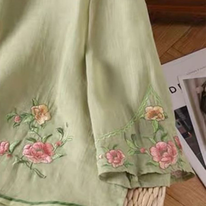 Buddha Stonesカジュアルヴィンテージ刺繍花柄中国風フロッグボタンクルーネックデザインレディースコットンリネンシャツ - image 6