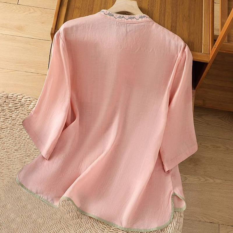 Buddha Stonesカジュアル エスニックスタイル 刺繍 花柄 カエルボタン スタンドカラー レディース コットンリネン シャツ - image 3