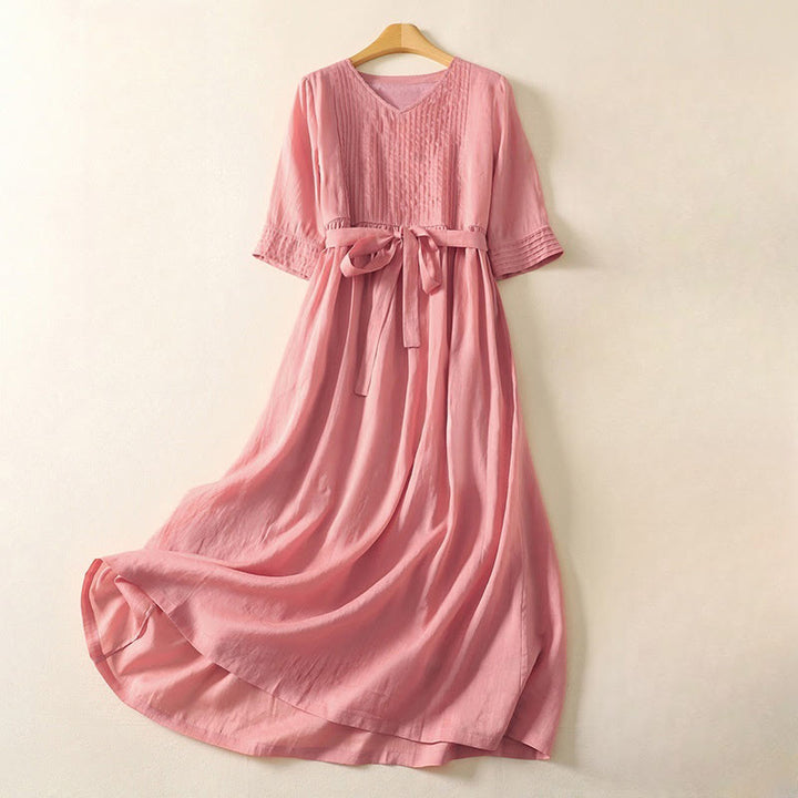 Buddha Stones夏 半袖 プリーツ レースアップ コットンリネン レディース ミディドレス ポケット付き - ミスティローズ - US8-10，UK/AU12-14，EU40-42 (2XL) - image 0