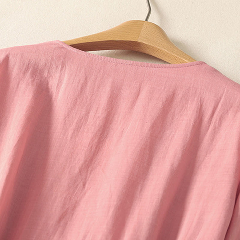 Buddha Stones夏 半袖 プリーツ レースアップ コットンリネン レディース ミディドレス ポケット付き - image 3