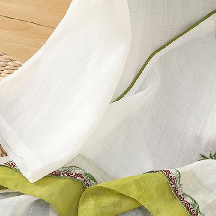 Buddha Stones夏 エスニックスタイル 刺繍 花柄 カエルボタン カラーマッチング レディース コットンリネン 七分袖シャツ - image 2