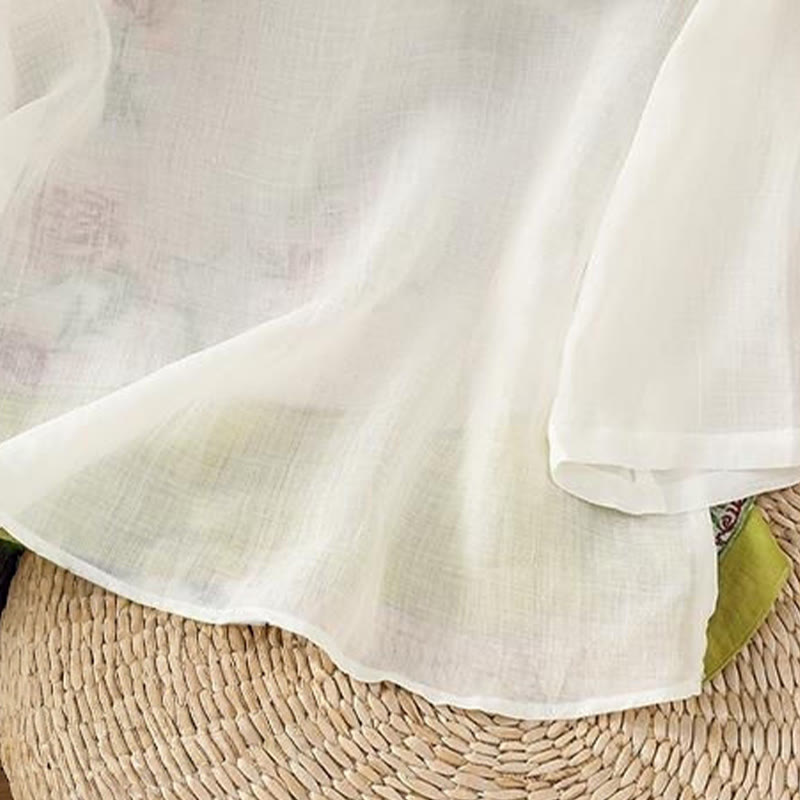 Buddha Stones夏 エスニックスタイル 刺繍 花柄 カエルボタン カラーマッチング レディース コットンリネン 七分袖シャツ - image 3