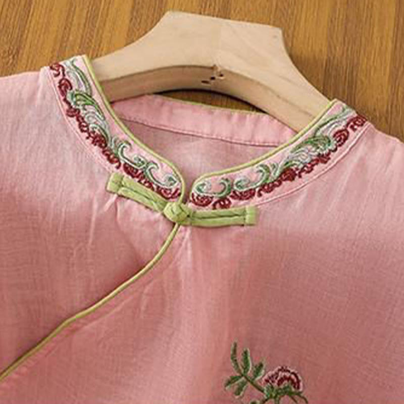 Buddha Stones夏 エスニックスタイル 刺繍 花柄 カエルボタン カラーマッチング レディース コットンリネン 七分袖シャツ - image 6