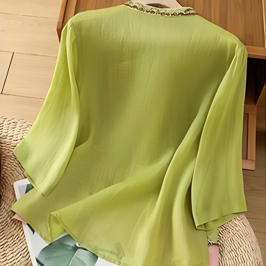 Buddha Stones夏 エスニックスタイル 刺繍 花柄 カエルボタン カラーマッチング レディース コットンリネン 七分袖シャツ - image 13