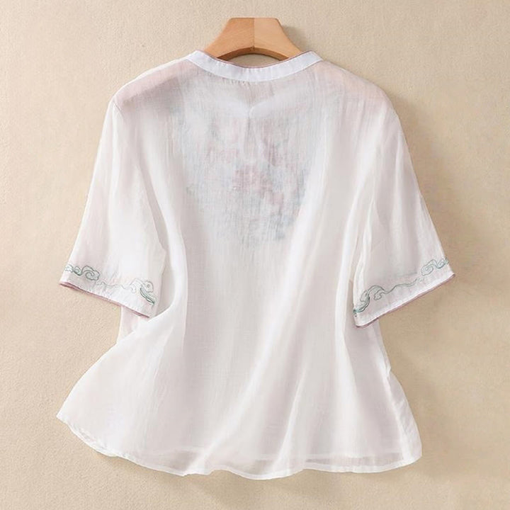 Buddha Stonesカジュアル レトロ 刺繍 カエルボタンデザイン レディース コットンリネン 半袖シャツ - image 13